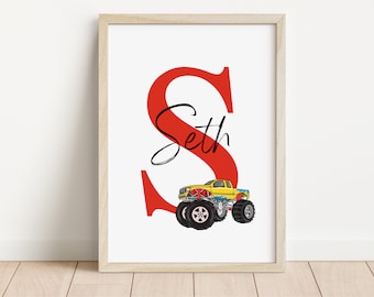 Monster Truck Personalised Name Print | Monster Truck Fans | Monster truck bedroom prints | Hot wheels | Truck bedroom decor prints