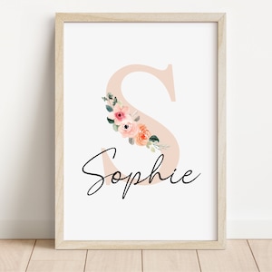 Impresión de nombre personalizada con flores / Letrero para habitación infantil / Impresión para habitación infantil / Impresión con iniciales / Arte mural para habitación infantil / Anuncio de nacimiento / Impresión floral
