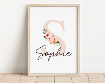 Impresión de nombre personalizada con flores / Letrero para habitación infantil / Impresión para habitación infantil / Impresión con iniciales / Arte mural para habitación infantil / Anuncio de nacimiento / Impresión floral