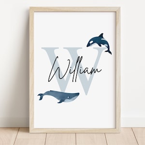 Impresión de nombre personalizado de ballena / Vivero temático del océano / Signo de vivero / Tema marino / Acuarela / Impresión inicial / Impresión personalizada de vivero