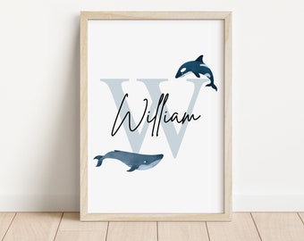 Whale Personalised Name Print | Ocean theme nursery | Nursery Sign | Marine theme | Watercolor | Initial Print | Personalised Nursery Print