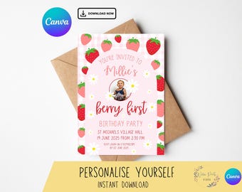 premières invitations de fête d&#39;anniversaire de fraise | Invitations personnalisées | Décoration de fête à thème Vichy aux fraises | Fête du premier anniversaire des filles