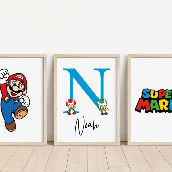 Set of 3 Super Mario Personalised Name Prints | Supermario artwork prints | Super Mario Personalised Gift Bedroom Print | Game Room Print