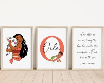 Set of 3 Moana Inspired Personalised Name Print | Moana Bedroom Prints | Girls bedroom prints | Personalised Prints | Princess bedroomprints