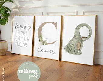 Set of 3 Dinosaur Personalised Prints | Dinosaur Bedroom Prints | Dinosaur Playroom Artwork | TREX Prints | Dinosaur Name Print artwork