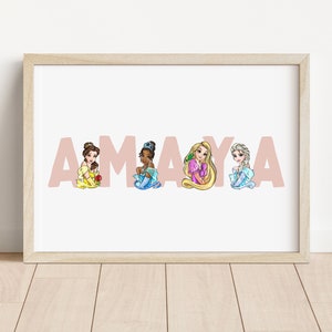 Op Disney-prinses geïnspireerde gepersonaliseerde naamafdrukken | Kunstwerk Disney-prinseskop | Disney-slaapkamer | Gepersonaliseerde prints | Kinderkamer