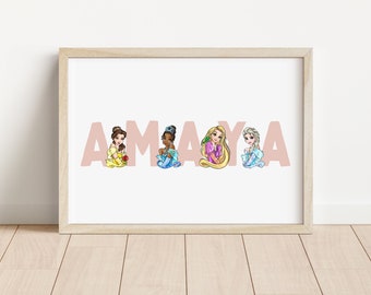 Op Disney-prinses geïnspireerde gepersonaliseerde naamafdrukken | Kunstwerk Disney-prinseskop | Disney-slaapkamer | Gepersonaliseerde prints | Kinderkamer