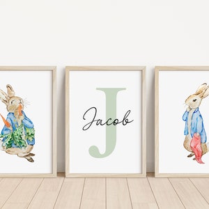 Juego de 3 impresiones con nombre personalizado de Peter Rabbit / Impresión para guardería de Peter Rabbit / Impresión con nombre de bebé personalizado / Impresión de Beatrix Potter para bebé