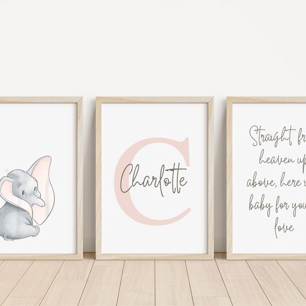 3er-Set Dumbo Personalisierter Namensdruck | Dumbo Disney Kinderzimmer | Neues Baby Geschenk | Dumbo Zitat Druck | Flieg nicht nur, schwebe ab | Personalisiertes Baby