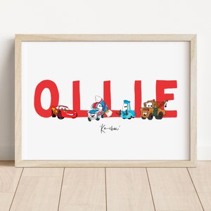 Cars Personalised Name Print | Lightening McQueen Prints | Cars Disney Pixar Artwork | Cars bedroom print | Personalised children name print