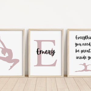 Set of 3 Gymnastics Personalised Name Print | Gymnast Dancer Prints | Gymnastics bedroom print | Girls bedroom prints | Ballet gymnastics