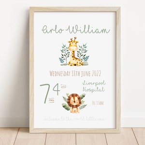 Safari Personalised Baby Birth Announcement Print | Safari Jungle Nursery Print | Safari Jungle Birth Prints | Safari jungle nursery gift