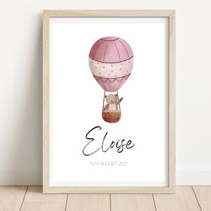 Hot Air Balloon Personalised Name Print | Hot Air Ballon Baby Birth Announcement | Nursery Artwork | Baby Print | Personalised Baby Gift |