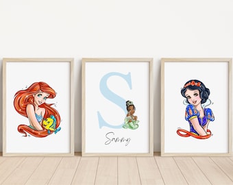 Set of 3 Disney inspired Princess Personalised Name Prints | Disney Princess Artwork | Disney bedroom | Personalised Prints|Children bedroom