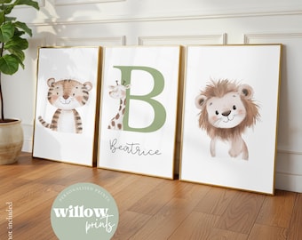 Set of 3 Safari Nursery Prints | Safari Watercolour Animal Name Print | Safari Nursery Personalised Prints | Neutral Safari Jungle Animals