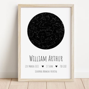 Impression personnalisée de naissance de carte des étoiles | Le jour de votre naissance | Impression personnalisée de détails de naissance | Impressions de chambre de bébé | Cadeau de naissance nouveau-né