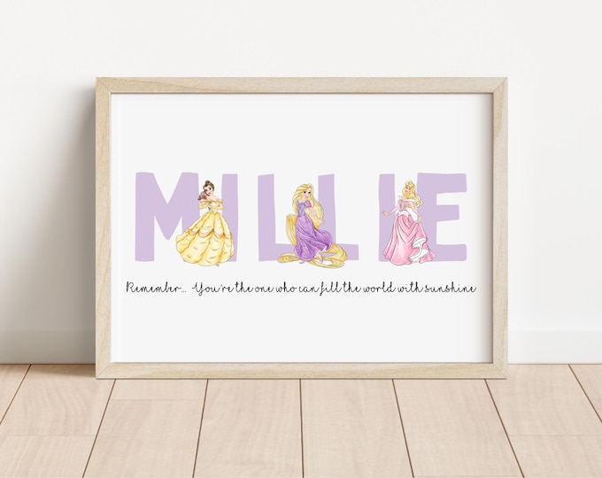Disney Prinzessin inspirierte personalisierte Name Drucke | Disney Prinzessin Kopf Kunstwerk | Disney Schlafzimmer | Personalisierte Drucke | Kinderzimmer