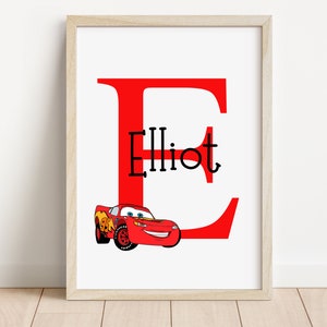 Impresión de nombre personalizada de Cars / Impresiones de Rayo McQueen / Ilustraciones de Cars Pixar / Impresiones de Cars para dormitorio / Impresión de nombre infantil personalizada