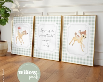 Set van 3 gepersonaliseerde naamprints in vintage stijl, geïnspireerd op Bambi | Babykamer in Disney-stijl met Bambi-thema | Kraamcadeau | Bambi-citaat | Gepersonaliseerde baby