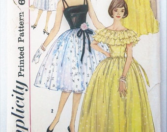 1950s Evening Dress - Mid-century elegant cocktail party dress in 2 lengths & capelet; uncut Simplicity sewing pattern 3822 size 14 bust 34