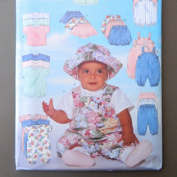 Adorable Infant Outfits - t-shirt, romper, jumpsuit, skirt, shorts, pants & hat; uncut Butterick sewing pattern 4791 sizes NB-S-M