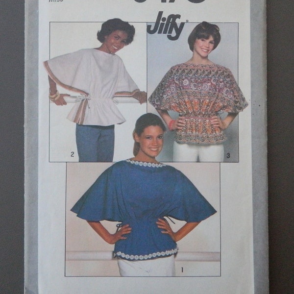 1970s Butterfly Top - easy to sew; boat neckline, flared sleeves; uncut Simplicity Jiffy sewing pattern 8470 misses size 14 - 16