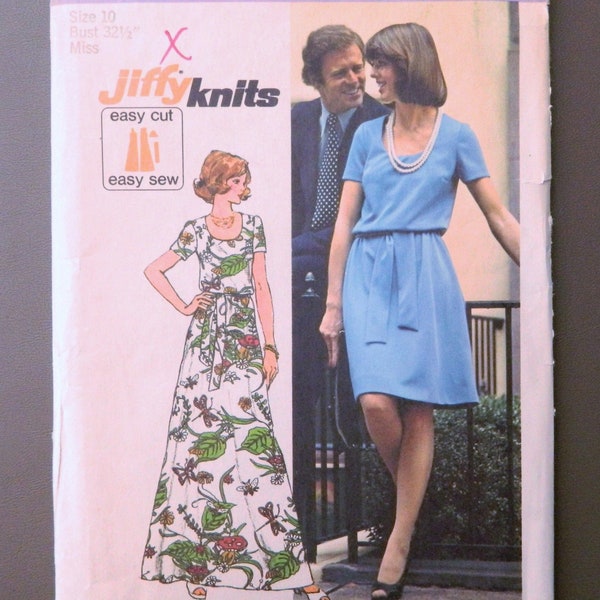 1970's Knit Dress - Simple-To-Sew, scoop neckline, elastic waist, stretch knits only; Simplicity Jiffy sewing pattern 6139 misses size 10