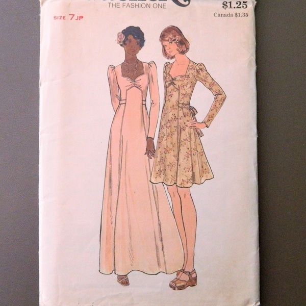 1970s Flared Dress - semi fitted, 2 lengths, sweetheart neckline, self ties; Butterick uncut sewing pattern 3941 size 7 JP junior petite