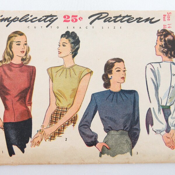 1940s Blouse Pattern - Mid-century misses tops, buttons in back, sleeve options; Complete vintage Simplicity sewing pattern 1155 size 14