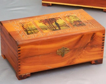 Wood Box with Carved Top and 3 Panel River Picture - Hinged lid with mirror inside; Great for storage of jewelry, cash, trinkets, craft