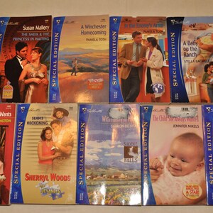 May include: A collection of romance novels with various cover illustrations. Titles include "The Sheik & The Princess in Waiting," "A Winchester Homecoming," and "Man Behind the Badge." The books are labeled "Special Edition."
