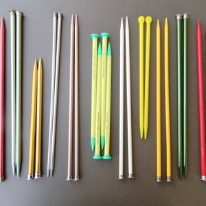 Knitting Needles - lot of 11 pairs, variety of sizes 10 1/2 - 15, colors, metal and plastics