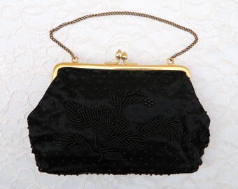 Beaded Evening Bag - black purse with gold chain and clasp for special occasion