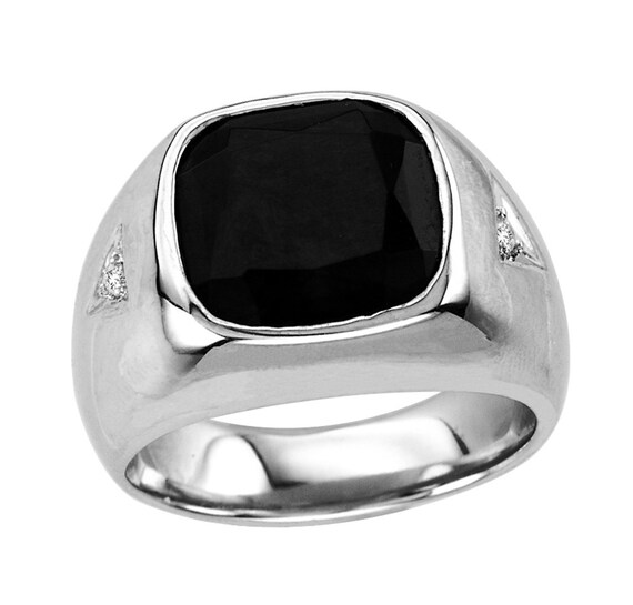 Men S Silver Signet Ring Onyx And Diamonds Etsy