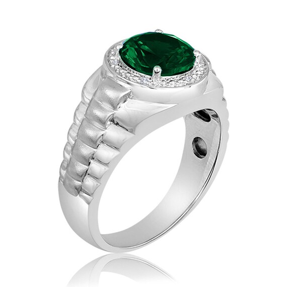 Mens Ring Green EMERALD with 2 Black Onyx Accents in SOLID 925 Sterling Silver Mens Ring Green EMERALD with 2 Black Onyx Accents in SOLID 925 Sterling Silver