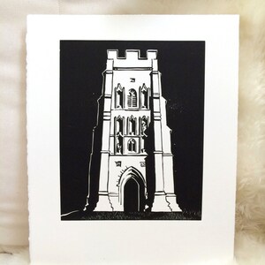St. Michael on the Tor Linocut Print, Glastonbury Tor Linoleum Block Print, Unframed