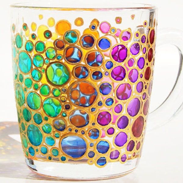 Bubbles mug painted glass mug colorful Bubbles coffee mugs Mosaic Cup bright rainbow Coloured Bubbles Mug bubbles Valentines Day Gift