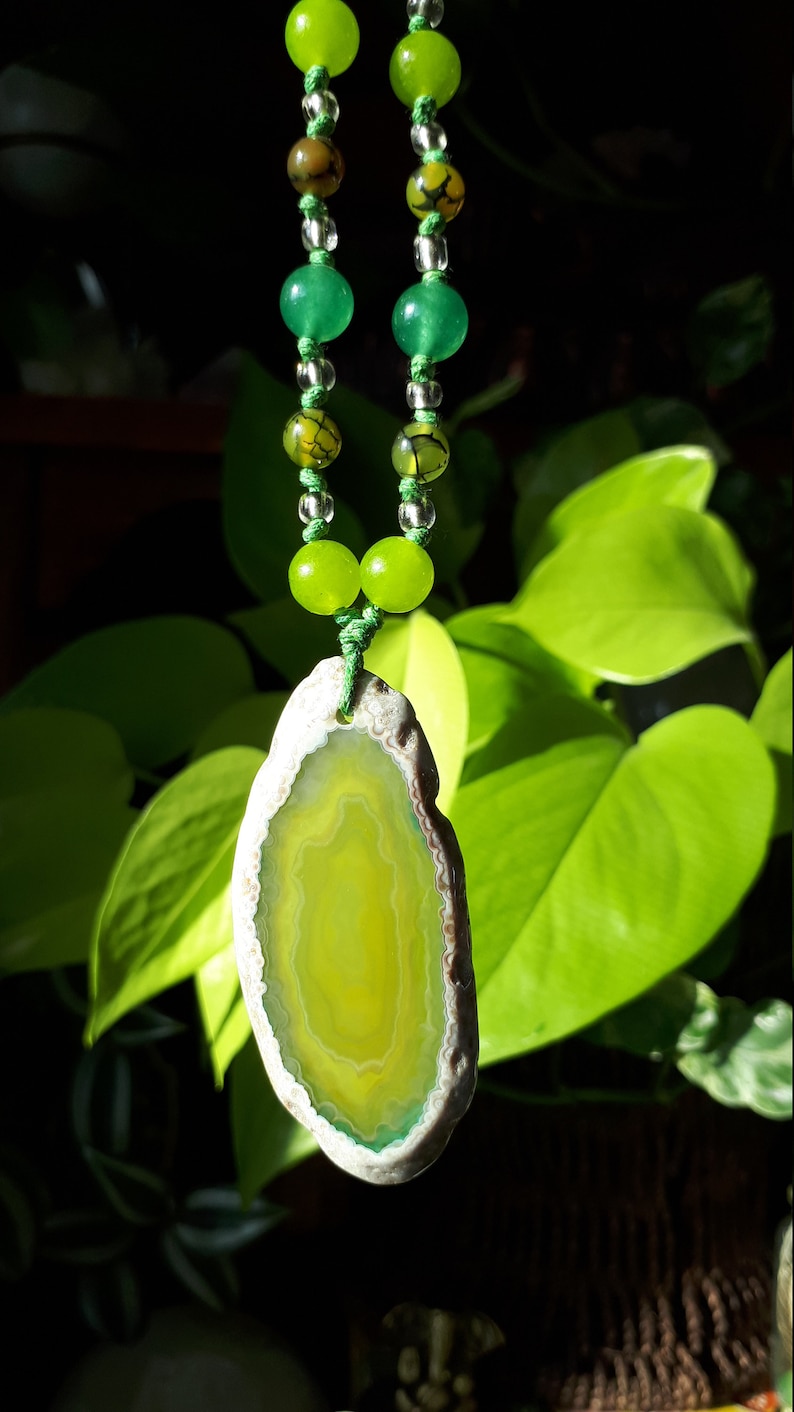 Green Agate Pendant on a hand knotted gemstone bead chain