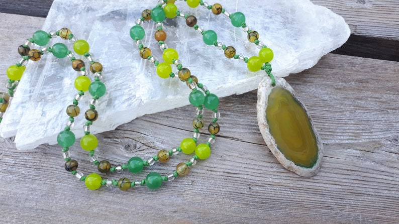 Green Agate Pendant on a hand knotted gemstone bead chain