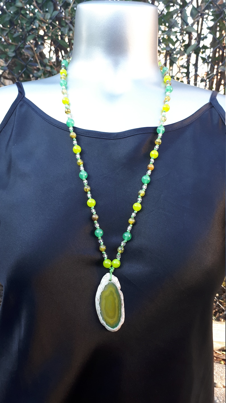 Green Agate Pendant on a hand knotted gemstone bead chain