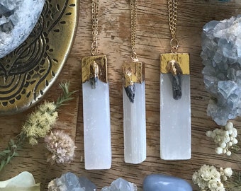 Selenite Kyanite Necklace • 3D Electroformed Pendant • Minimalist Boho • Polished Natural Chunky Sheen Crystal Healing Chakra • Golden Chain