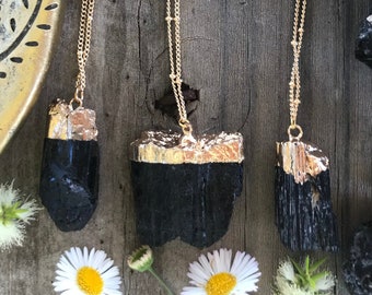 Raw Black Tourmaline Blade Necklace • 3D Electroformed Pendant • Minimalist Boho • Rough Natural Chunk Crystal Healing • Golden Capped Top