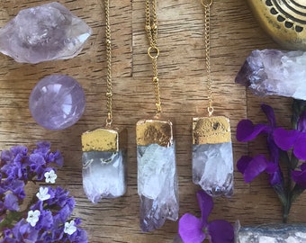 Amethyst Pillar Column Necklaces • Boho Crystal Gemstone February Birthstone • Semi Polished Terminating Cluster Rough Raw Points End Golden