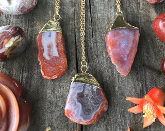 Carnelian Necklace • Red Agate Gemstone • Polished Naturally Formed Irregular Free-Form Natural Slice Cap • Boho Crystal Gem • Root Chakra