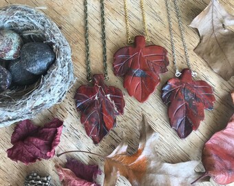 Jasper Maple Necklace • 3D Carved Leaf Pendant • Red River Jasper • Boho Natural Crystal Gem Fall Autumn Seasonal • Gold Silver Bronze Chain