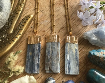 Raw Kyanite Blade Necklace • 3D Electroformed Gilded Top Cap Pendant • Rough Natural Chunky Slab Blue Crystal Throat Chakra • Gold Chain