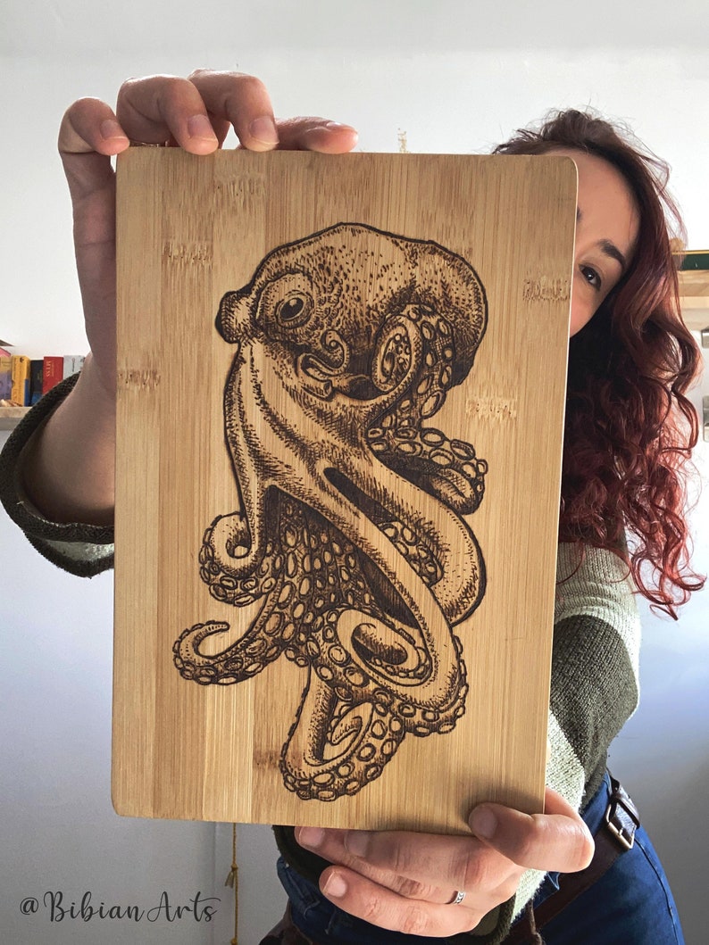 Pyrography Octopus on Bamboo Wood | Etsy