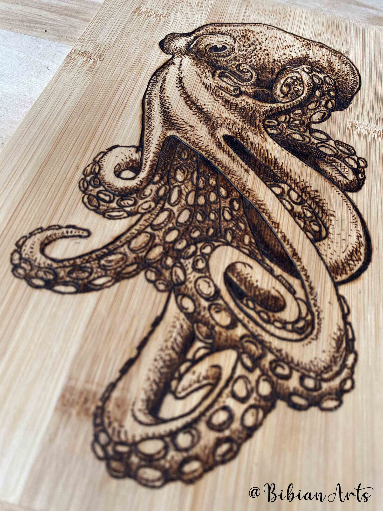 Pyrography Octopus on Bamboo Wood | Etsy