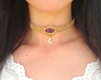 Collier ras de cou, choker macramé beige, pierre améthyste lune bohême gypsy festival