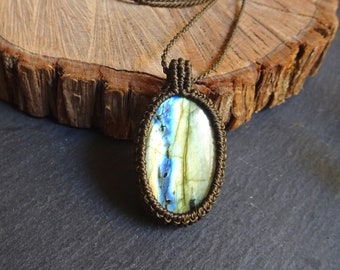 Labradorite naturelle , Collier macramé lithothérapie, Bijoux bohême pendentif homme femme